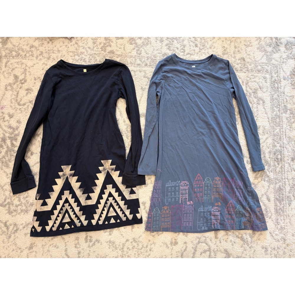 Tea Collection Girls Long Sleeve Graphic Dress Lot of 2 Black Blue Size 12